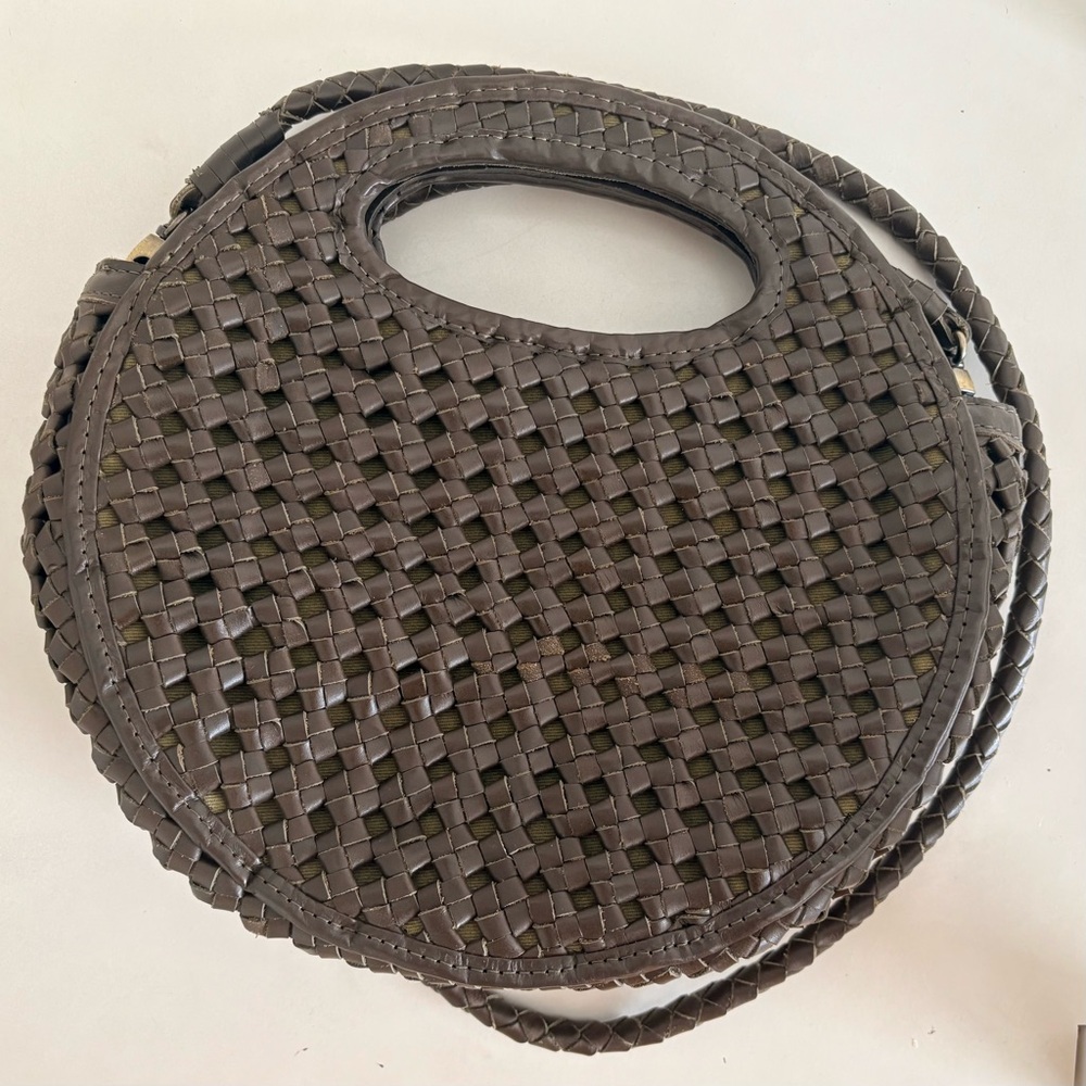 Bembien Woven Leather Circle Crossbody Bag – Brown, Round Handbag